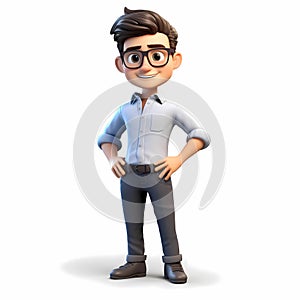 3d cartoon of an it company worker in glasses standing with hands on hips, ready to deal on a white background