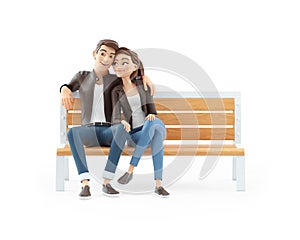 3d cartoon couple in love sitting on public bench