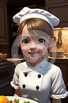 3d cartoon cute young Chef at the kitchen with food. generative AI