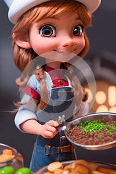 3d cartoon cute young Chef at the kitchen with food. generative AI