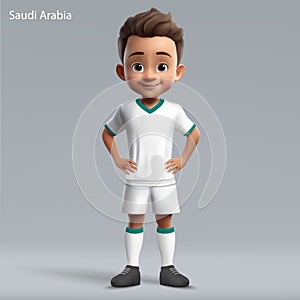 3d cartoon cute young soccer player in Saudi Arabia national team kit