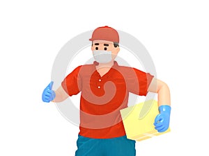 3d cartoon delivery man in mask with parcel box