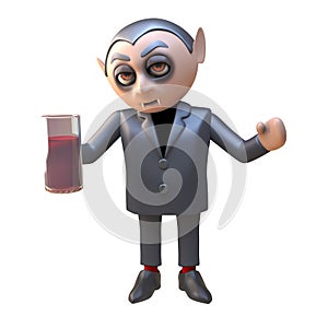 3d cartoon Dracula vampire character drinking a blood red drink from a glass, 3d illustration