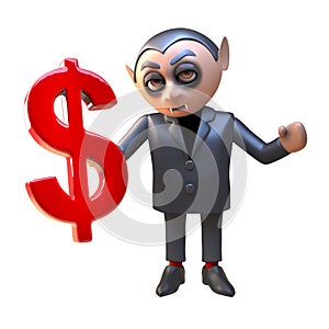 3d cartoon Dracula vampire monster holding a US Dollar currency symbol, 3d illustration