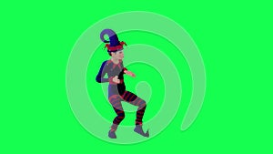 3D cartoon elf clown in red blue dress performing samba dance from front angle on green screen 3D people walking background chroma