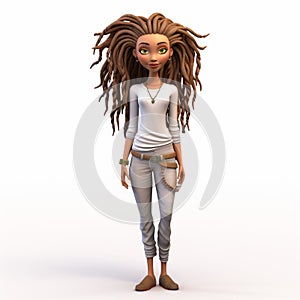 3d Cartoon Female Character With Dreadlock Updo Hairstyle On White Background