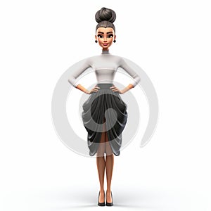 3d Cartoon Female Character With High Bun Hairstyle On White Background