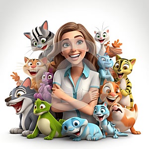 3D Cartoon of a female veterinarian is surrounded by pets