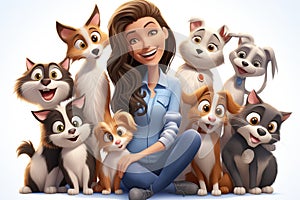 3D Cartoon of a female veterinarian is surrounded by pets