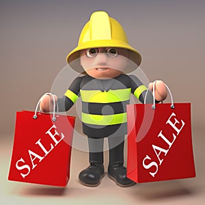 3d cartoon fire fighter fireman in high visibility clothing holding sale shopping bags