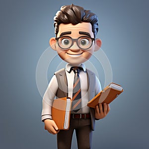 3d Cartoon Flat Businessman With Glasses Holding Books And Pencils