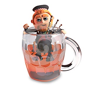 3d cartoon funny Scottish man with red beard and tartan kilt climbs out of a pint of beer with his bagpipes, 3d illustration