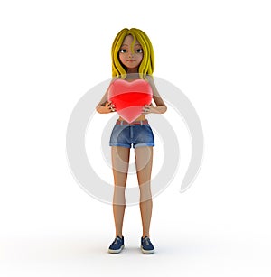 3d cartoon girl and heart