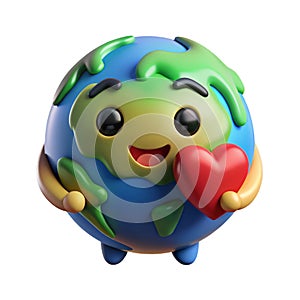 3D cartoon globe with red heart showing love