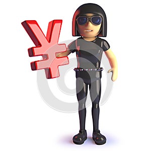 3d cartoon gothic girl in rubber catsuit holding a Yen currency symbol