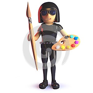 3d cartoon gothic girl wearing a latex catsuit and holding a paintbrush and palette