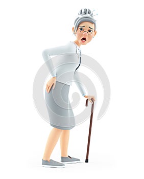 3d cartoon granny suffering from back pain