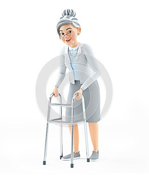 3d cartoon granny walking with walker