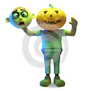 3d cartoon Halloween zombie monster has a carved pumpkin for a head, 3d illustration