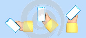 3D cartoon hand hold smartphone with blank screen isolated on blue background. Human hand showing modern smartphone with empty