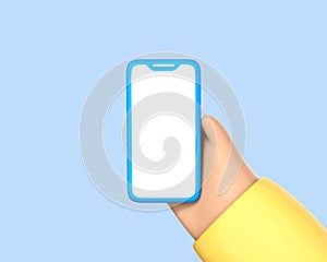 3D cartoon hand hold smartphone with blank screen isolated on blue background. Human hand showing modern smartphone with empty