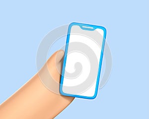 3D cartoon hand hold smartphone with blank screen isolated on blue background. Human hand showing modern smartphone with empty