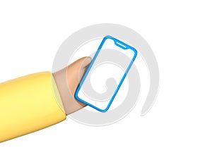 3D cartoon hand hold smartphone with blank screen isolated on white background. Human hand showing modern smartphone with empty