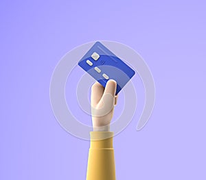 3d cartoon hand holding bank credit card isolated over blue background