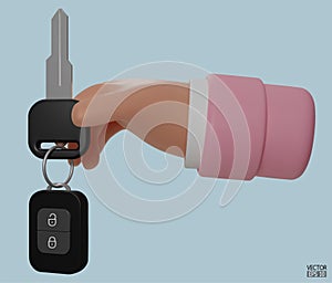 3d cartoon hand holding the car keys mortgage loan. The hand holds the keys isolated on blue background.