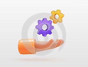 3d cartoon hand holding cogwheels isolated vector illustration. Customer support three dimensional icon. Technical