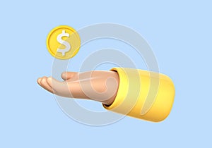 3D cartoon hand holding dollar coin. Money-saving, online payment and business concept. Vector 3d illustration