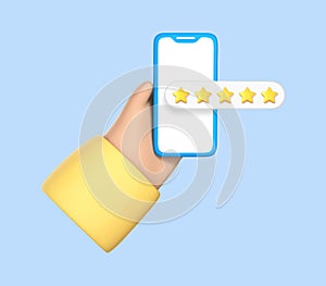 3D cartoon hand holding with five star rating on smartphone. Phone with customer feedback. Positive user review, rate, online