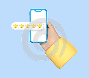3D cartoon hand holding with five star rating on smartphone. Phone with customer feedback. Positive user review, rate, online