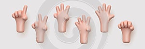 3D cartoon hand showing fingers, counting from one to five.