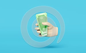 3D cartoon hands holding banknote icons isolated on blue background. quick credit approval or loan approval concept, 3d render