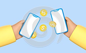 3D cartoon hands holding smartphones with coins. Money transfer on smartphones. Online payment concept. Mobile wallet. Cashback