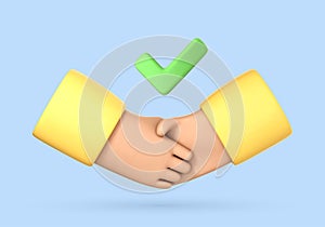 3D cartoon handshake with check mark. Concept of partnership, business deal, agreement, cooperation, approved contract. 3d vector