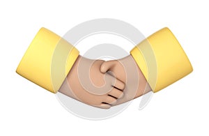 3D cartoon handshake icon on white background. Business concept of partnership, cooperation, successful deal. Hand shake symbol.