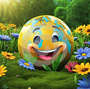 3D cartoon happy smiling globe