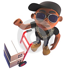 3d cartoon hiphop rap artist in baseball cap waving next to a hand cart with parcels, 3d illustration