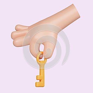 3d Cartoon human hand hold key. icon isolated on pink background. 3d rendering illustration. Clipping path.