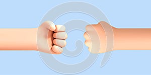3D cartoon human hands making fist bump isolated on blue background. Vector 3d illustration
