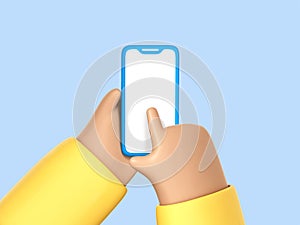 3D cartoon human hands with smartphone with blank screen isolated on blue background. Finger touch empty display of smartphone.
