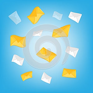 3D cartoon icon element design. flying email envelop letter in yellow and white color