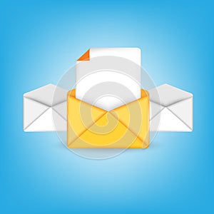 3D cartoon icon element design. Opened email envelop letter in yellow and white color