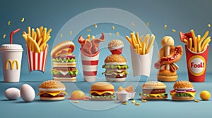 3D cartoon icon set of fast food. Pizza slice, taco, sandwich, roasted turkey, fried egg, french fries, paper cup