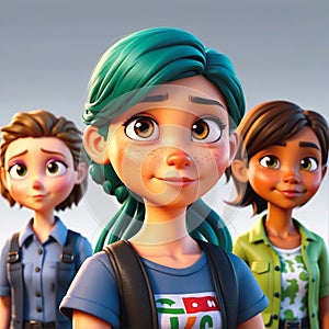 3D cartoon Illustration of a group of children