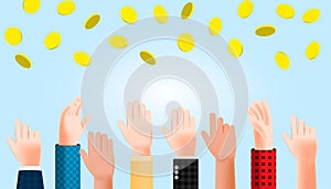 3D Cartoon illustration group of people raising hands try to grab money coin falling