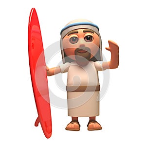3d cartoon Jesus Christ character holding a red surfboard and waving, 3d illustration