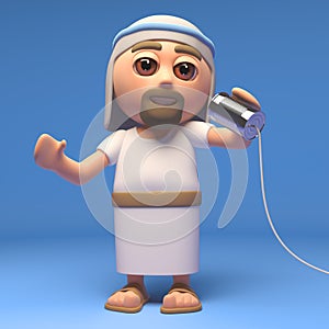 3d Cartoon Jesus Christ the Christian saviour chatting on tin can phone